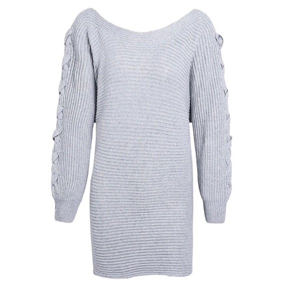 Gray Off The Shoulder Slouch Tie Sweater C68 - Picture 4 of 7